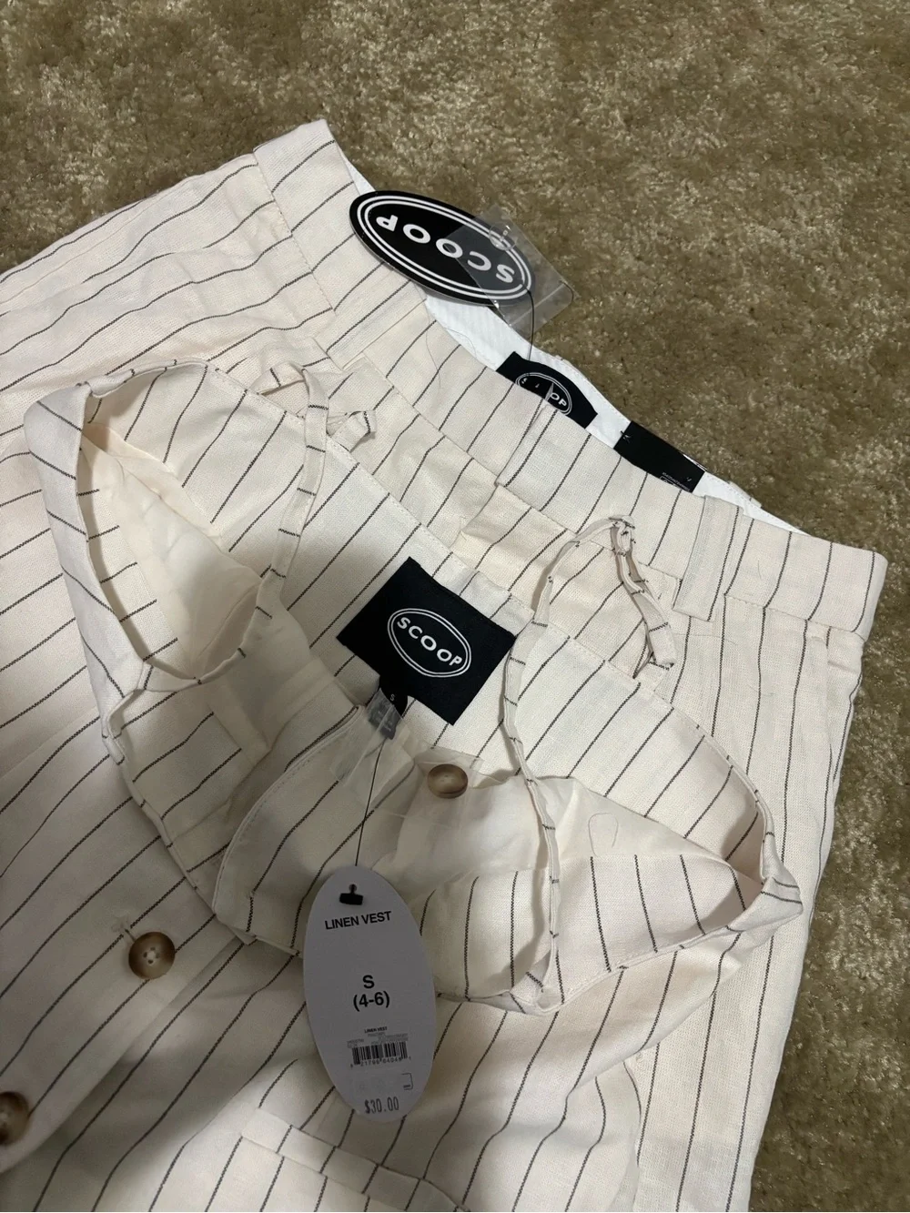 NWT Small Cream Pinstripe Linen Vest Short Set